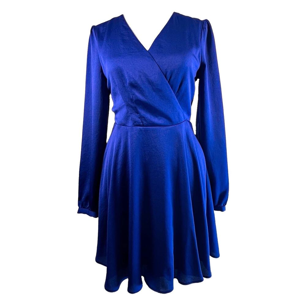 Express Royal Blue Long Sleeve Wrap Fit & Flare Dress XS Keyhole Back